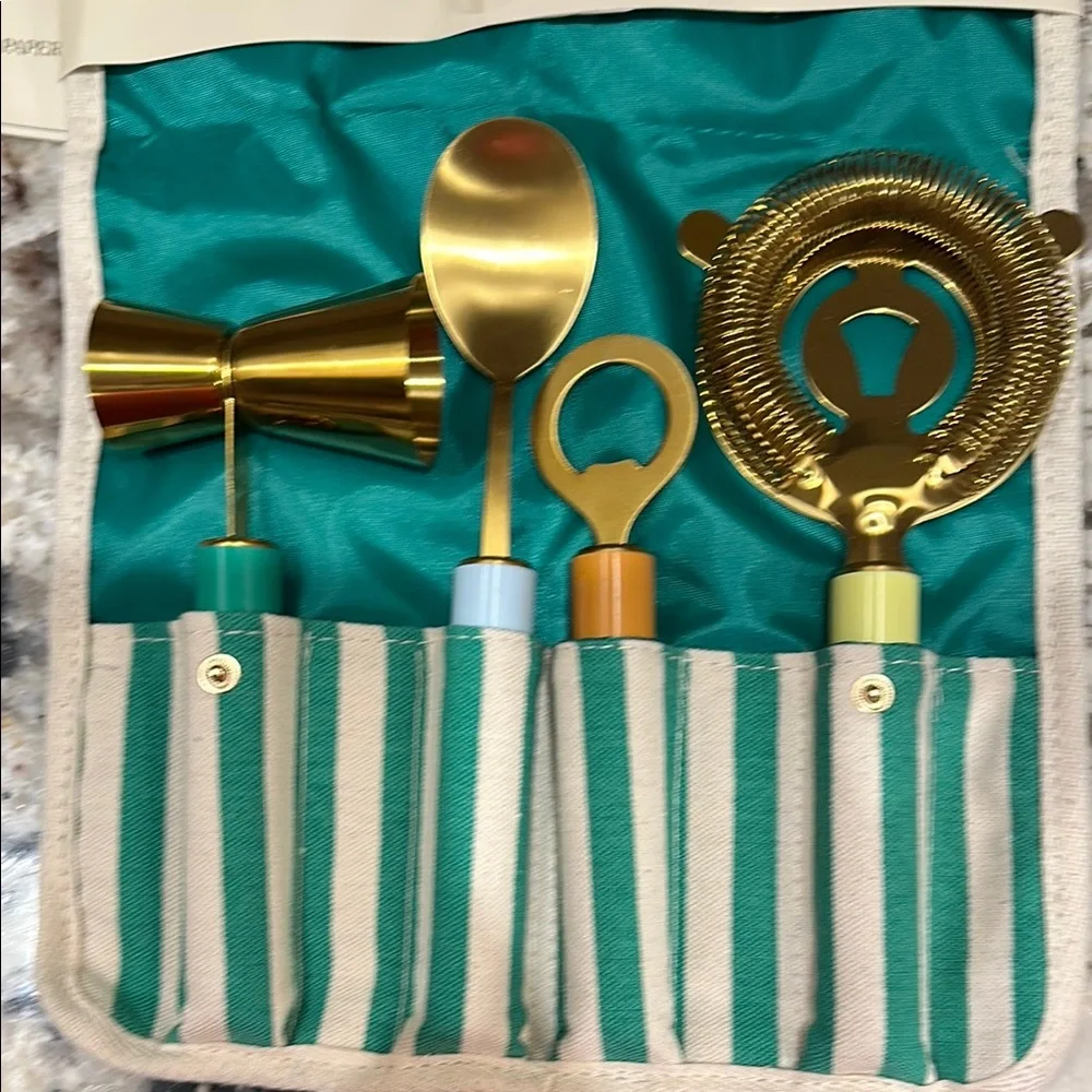 Paper Source Teal and Beige Striped Bar Tool Set